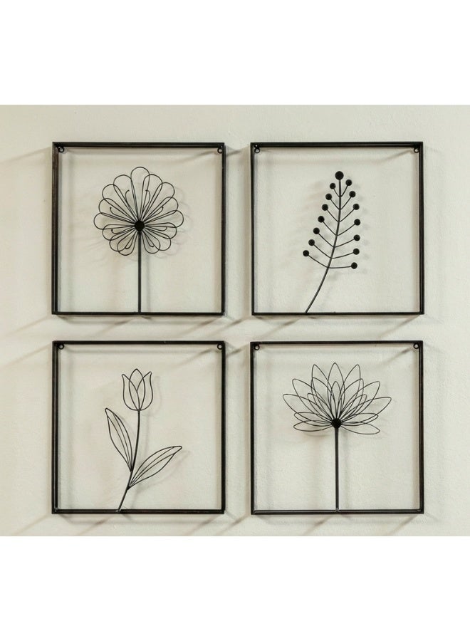 Handmade Modern Black Metal Wall Art Decor Set of 4 – Minimalist Abstract Floral Flower Line Design Iron Wall Sculptures – Contemporary Floral Metal Wall Hanging Art for Living Room Bedroom Bathroom Kitchen Office – Decorative Metal Wall Panels 30x30cm - Image 1